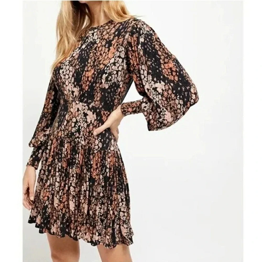 Free People Heartbeats Mini Dress Size L Black Brown Floral Jersey Retro‎ Boho